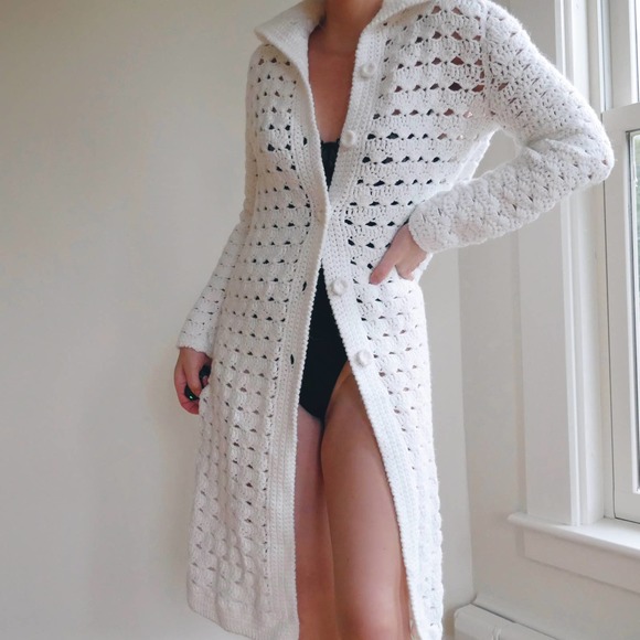 Vintage Sweaters - crochet cardigan duster | Vintage handknit white crochet duster jacket medium